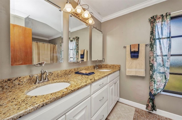 full bathroom with a sink, baseboards, crown molding, and double vanity