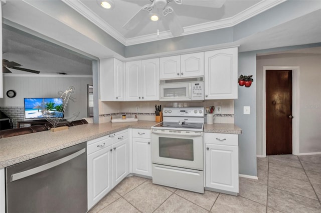 kitchen featuring light tile patterned floors, ceiling fan, ornamental molding, and white appliances