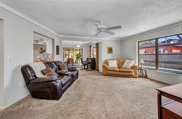 living area with carpet floors, ceiling fan, and a textured ceiling