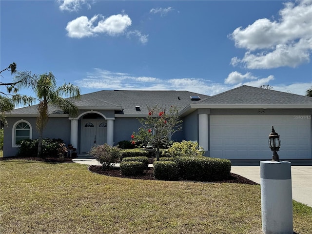 1025 Boundary Blvd, Rotonda West, FL 33947 - single story home featuring a shingled roof, a front lawn, a garage, stucco siding, and driveway