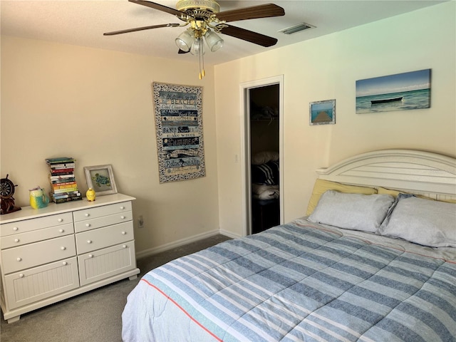 1025 Boundary Blvd, Rotonda West, FL 33947 - bedroom with a closet, visible vents, baseboards, ceiling fan, and dark colored carpet