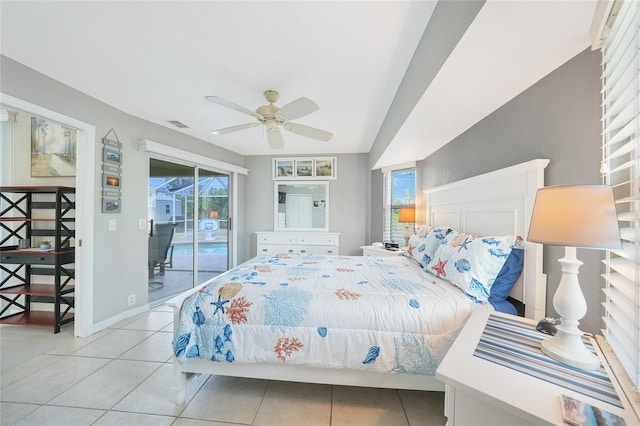 bedroom with access to outside, tile patterned flooring, and multiple windows