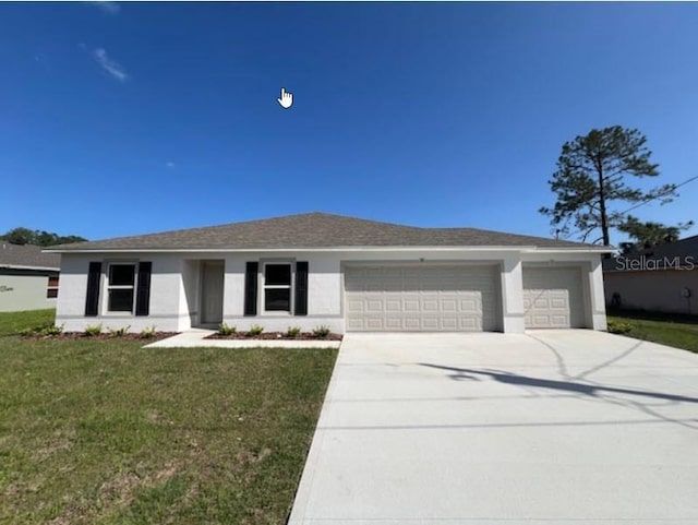 view of front facade featuring a garage, stucco siding, concrete driveway, and a front lawn