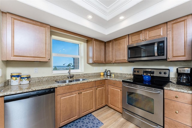 kitchen with a tray ceiling, recessed lighting, light wood-style flooring, a sink, and appliances with stainless steel finishes