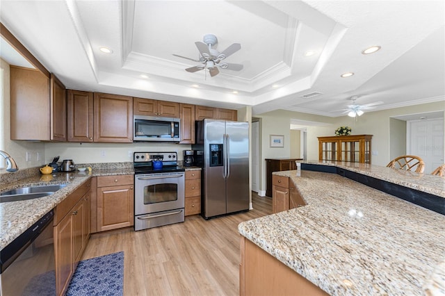 kitchen featuring a tray ceiling, stainless steel appliances, a ceiling fan, and a sink