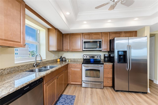 kitchen featuring a sink, stainless steel appliances, crown molding, light wood-type flooring, and a raised ceiling