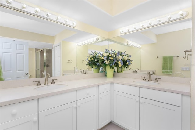 bathroom with a sink, double vanity, and a shower stall