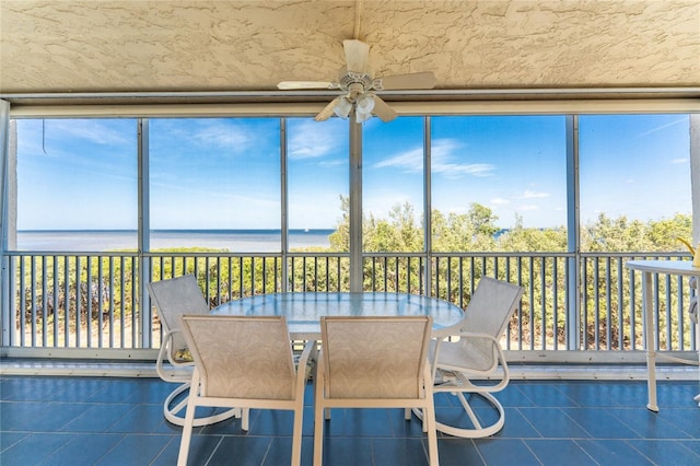 sunroom / solarium with a water view
