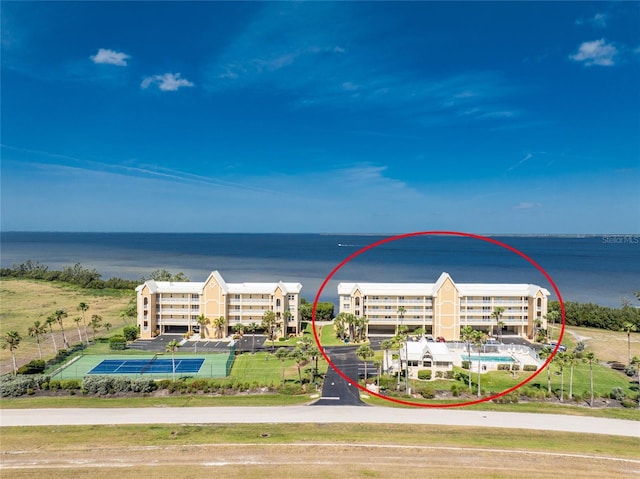 aerial view featuring a water view