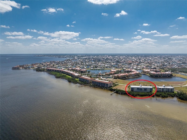 bird's eye view with a water view