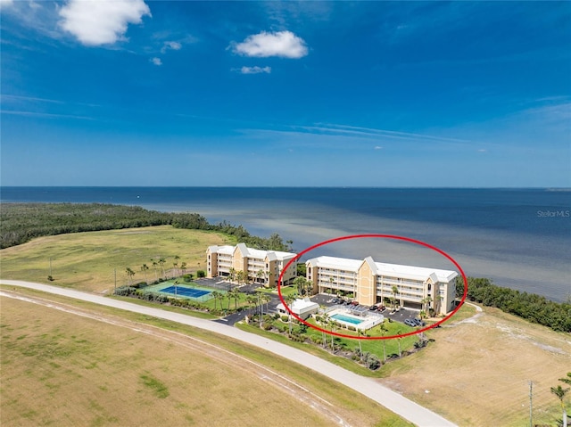 drone / aerial view with a water view