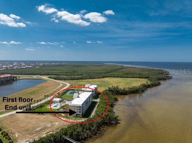 aerial view featuring a water view
