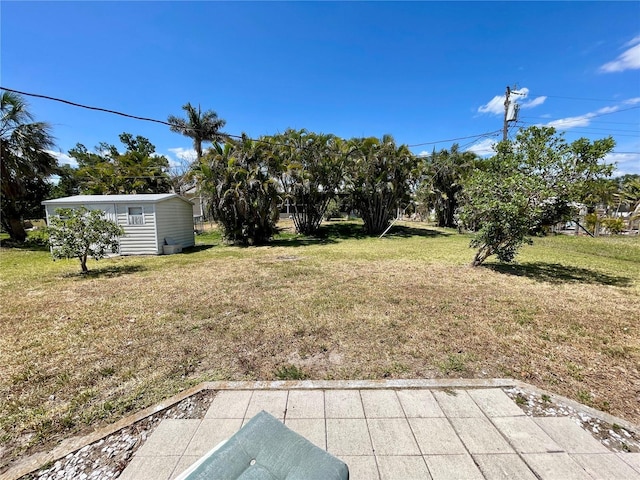 view of yard with a patio and an outdoor structure