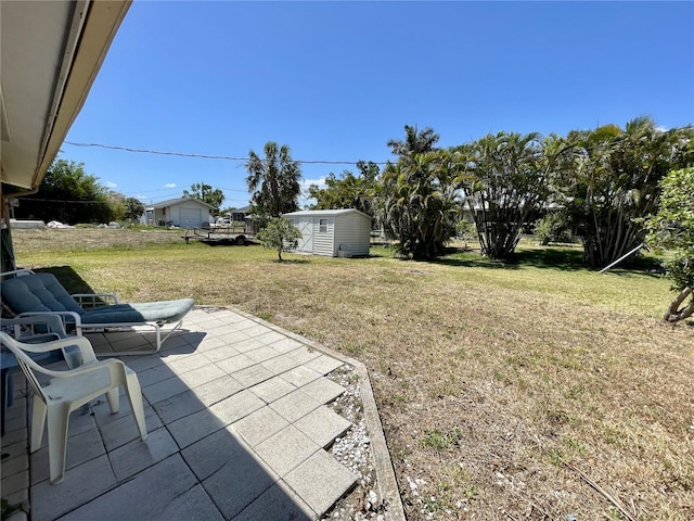 view of yard featuring a patio, an outbuilding, and a storage unit