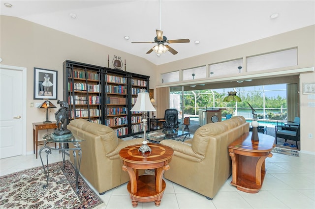 tiled living room featuring baseboards, recessed lighting, ceiling fan, and a healthy amount of sunlight