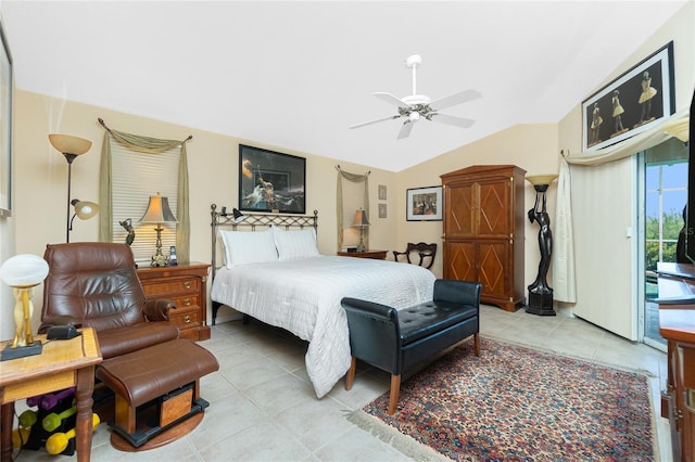 bedroom featuring light tile patterned floors, ceiling fan, vaulted ceiling, and access to exterior