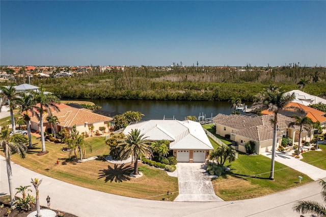 drone / aerial view featuring a water view