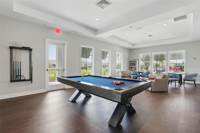 16079 Bandermill Dr, Port Charlotte, FL 33953 - recreation room featuring a tray ceiling, billiards table, dark wood-type flooring, baseboards, and recessed lighting