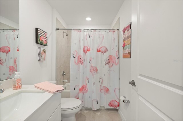 full bath with tile patterned floors, toilet, vanity, recessed lighting, and shower / bath combo with shower curtain