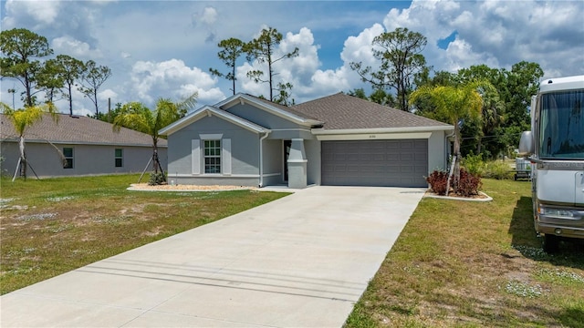 ranch-style house with stucco siding, an attached garage, driveway, and a front lawn