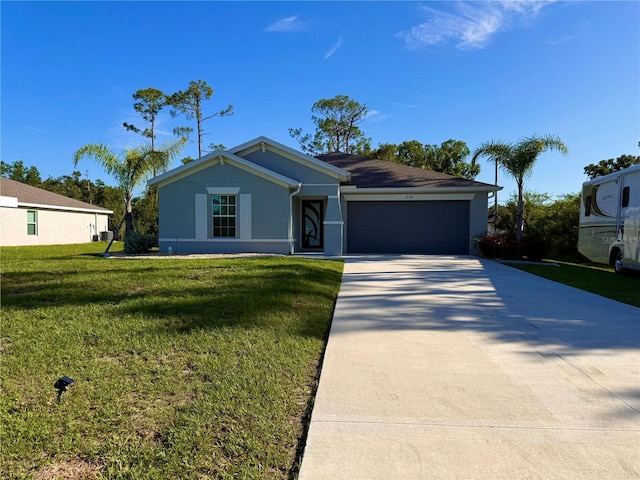 21310 Quesada Ave, Port Charlotte, FL 33952 - ranch-style home with stucco siding, a garage, concrete driveway, and a front yard