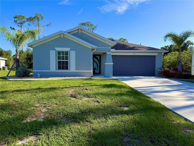 21310 Quesada Ave, Port Charlotte, FL 33952 - ranch-style house with stucco siding, a garage, driveway, and a front lawn