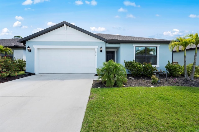 16016 Shoebutton Ct, North Fort Myers, FL 33917 - ranch-style home featuring a garage, a front yard, roof with shingles, stucco siding, and driveway