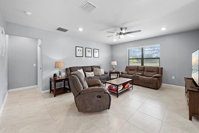 16016 Shoebutton Ct, North Fort Myers, FL 33917 - living room featuring a ceiling fan, visible vents, light tile patterned floors, and recessed lighting