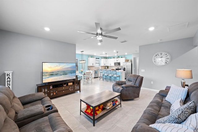 16016 Shoebutton Ct, North Fort Myers, FL 33917 - living room featuring recessed lighting, a ceiling fan, and light tile patterned floors