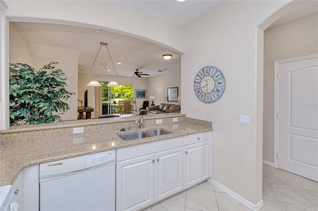 kitchen featuring a sink, dishwasher, light tile patterned floors, ceiling fan, and recessed lighting