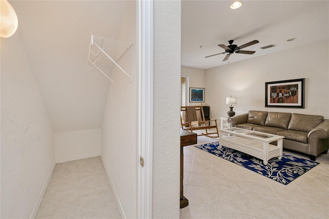 living room with tile patterned floors, ceiling fan, recessed lighting, and baseboards