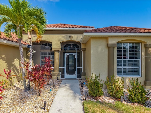 entrance to property featuring stucco siding and a tile roof