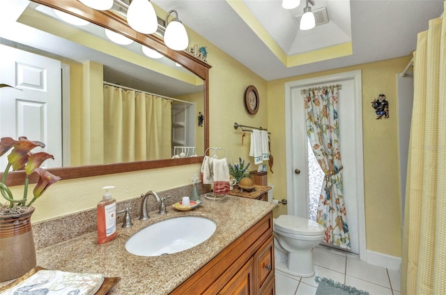 bathroom featuring tile patterned floors, vanity, toilet, curtained shower, and baseboards