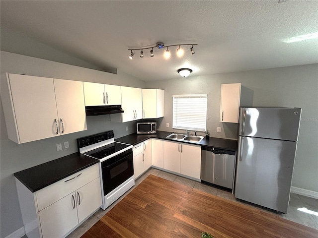 kitchen featuring under cabinet range hood, stainless steel appliances, a sink, and dark countertops