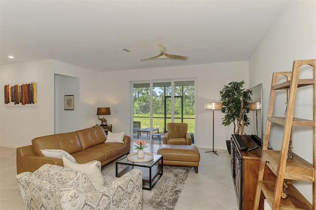10995 Pinot Dr, Venice, FL 34293 - living room featuring visible vents, recessed lighting, a ceiling fan, light tile patterned floors, and baseboards