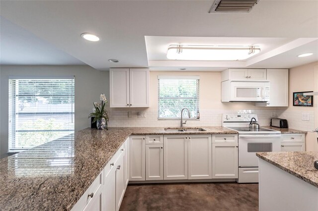 320 W Ann St, Punta Gorda, FL 33950 - kitchen featuring a tray ceiling, white appliances, tasteful backsplash, and a sink