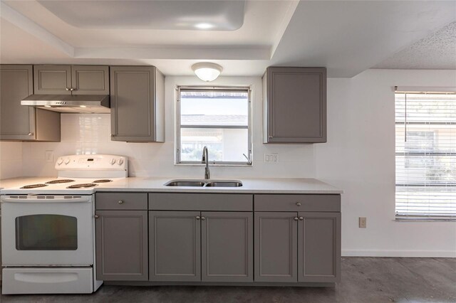 320 W Ann St, Punta Gorda, FL 33950 - kitchen featuring a tray ceiling, gray cabinetry, under cabinet range hood, white electric stove, and a sink