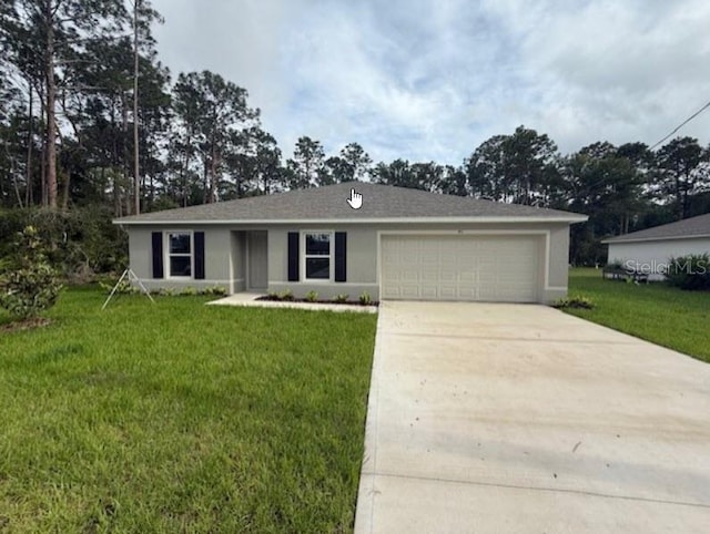 single story home featuring a garage, driveway, a front lawn, and stucco siding
