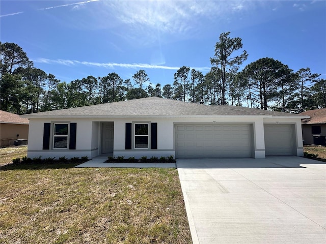 ranch-style home with an attached garage, stucco siding, concrete driveway, a front lawn, and roof with shingles