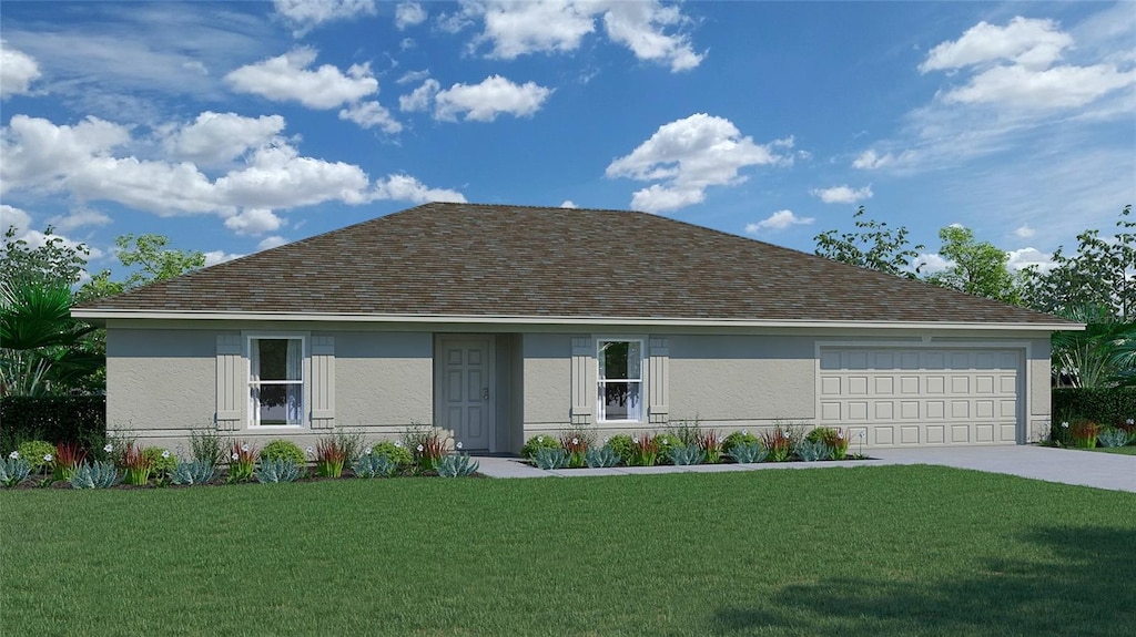 view of front of home with an attached garage, a front lawn, stucco siding, and driveway