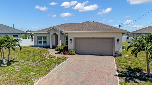 1443 SW 1st St, Cape Coral, FL 33991 - single story home featuring stucco siding, a garage, and decorative driveway