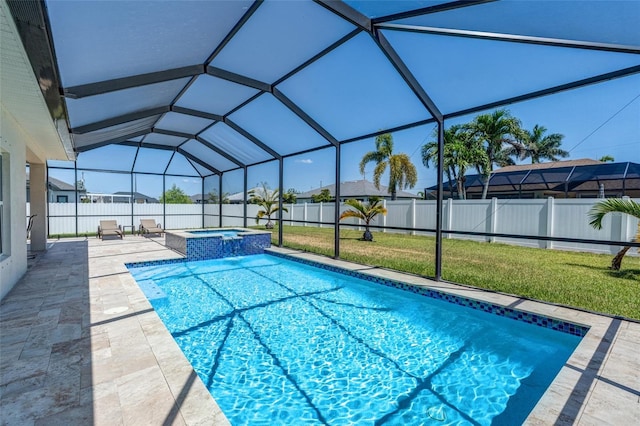 1443 SW 1st St, Cape Coral, FL 33991 - view of swimming pool featuring a patio, glass enclosure, and a pool with connected hot tub