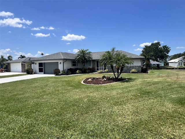 ranch-style house with concrete driveway, a garage, stucco siding, and a front yard