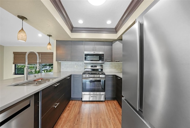 376 Portofino Dr, Punta Gorda, FL 33950 - kitchen featuring stainless steel appliances, a sink, a tray ceiling, ornamental molding, and decorative backsplash
