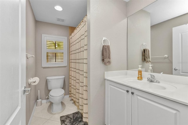 full bathroom featuring toilet, tile patterned floors, visible vents, baseboards, and vanity
