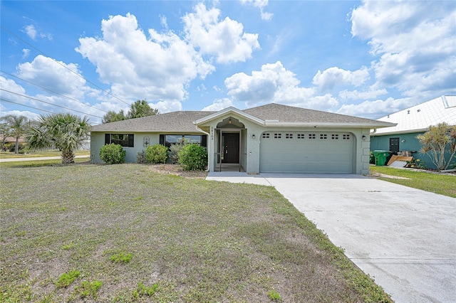 single story home featuring stucco siding, driveway, an attached garage, and a front lawn