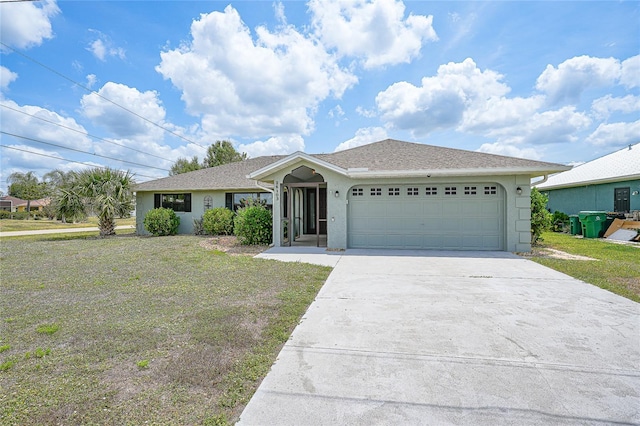 ranch-style home with stucco siding, a garage, driveway, and a front lawn