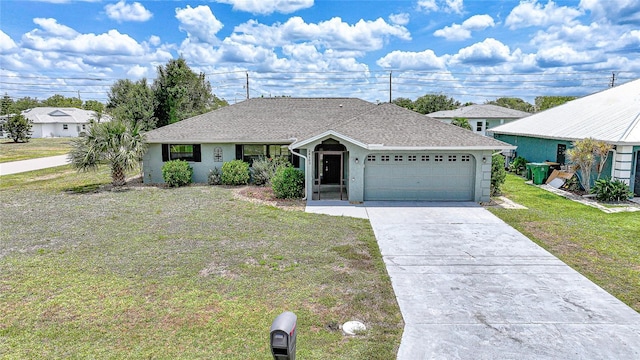 ranch-style house with an attached garage, concrete driveway, a front lawn, stucco siding, and roof with shingles