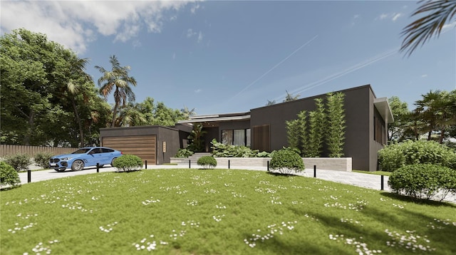 contemporary house featuring stucco siding and a garage