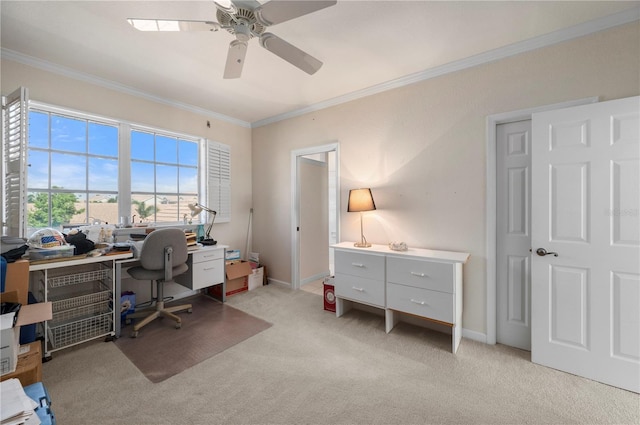 3800 Bal Harbor Blvd Unit 415, Punta Gorda, FL 33950 - office area with ornamental molding, ceiling fan, light colored carpet, and baseboards